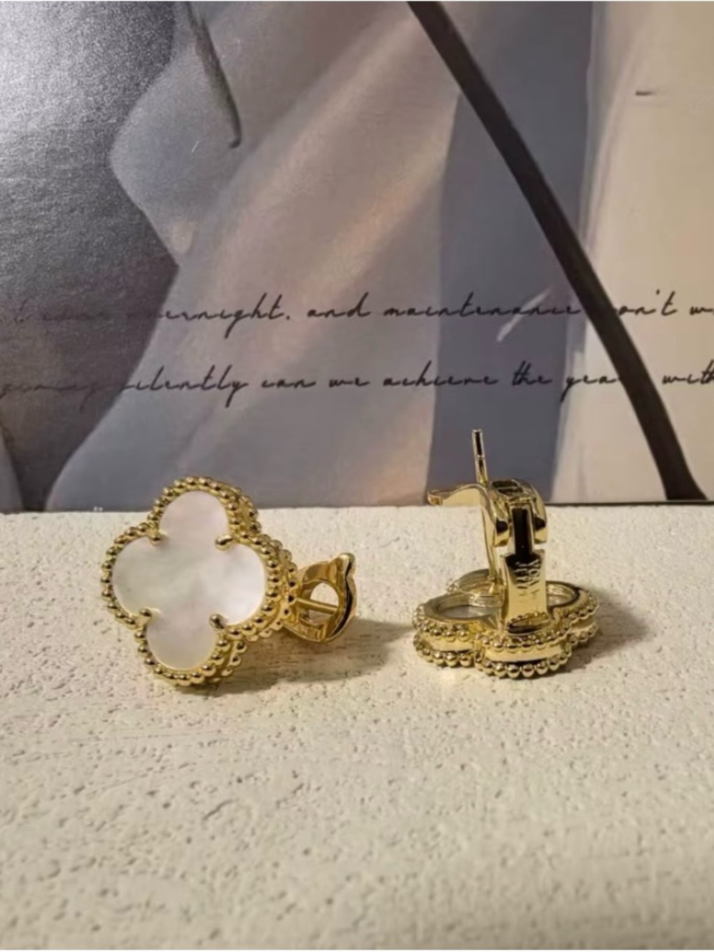 Gold & White Mother-of-Pearl Clover Omega Back Earrings - Luxury Women's Jewelry